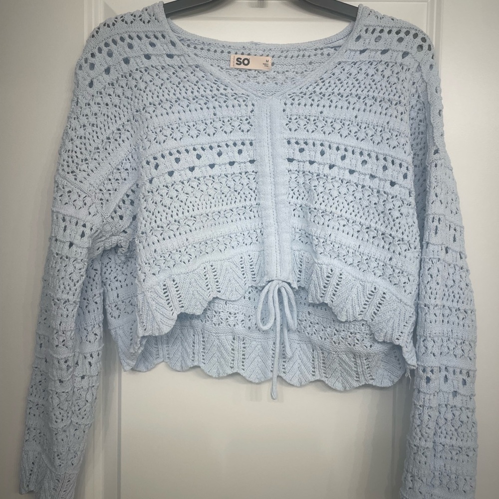Sky Blue Crochet Cropped Sweater - Picture 4 of 5
